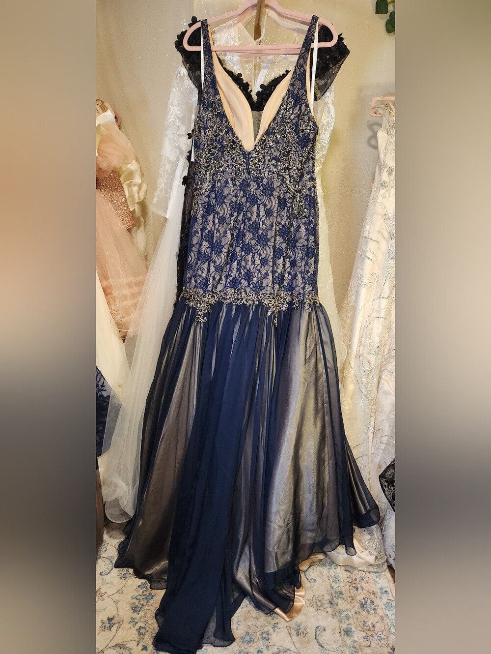 NWT Envious Couture Size 14 Navy Prom Dress Lace Chiffon Mermaid - Picture 8 of 9